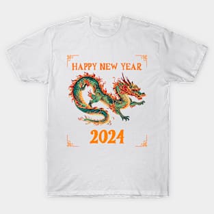 Fantasy Dragon: Happy New Year 2024 in Green, Orange, Red & Yellow! T-Shirt